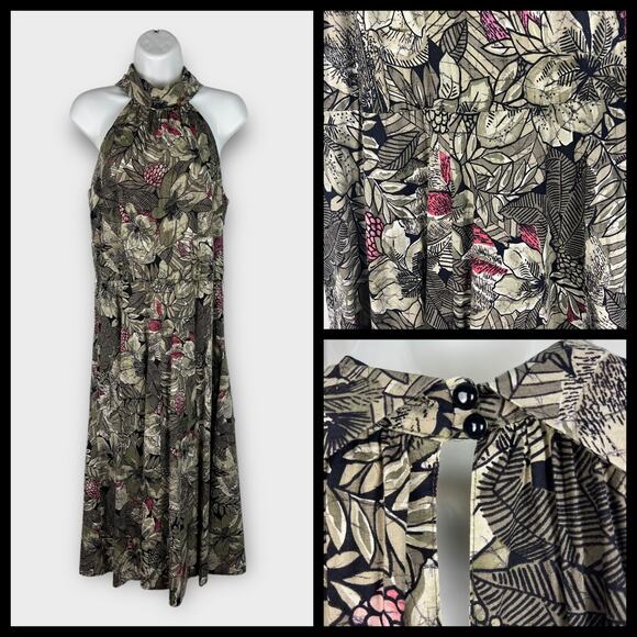 David Benjamin Green Tropical Floral Halter cotton Midi Dress Size 6 Small - Picture 1 of 9